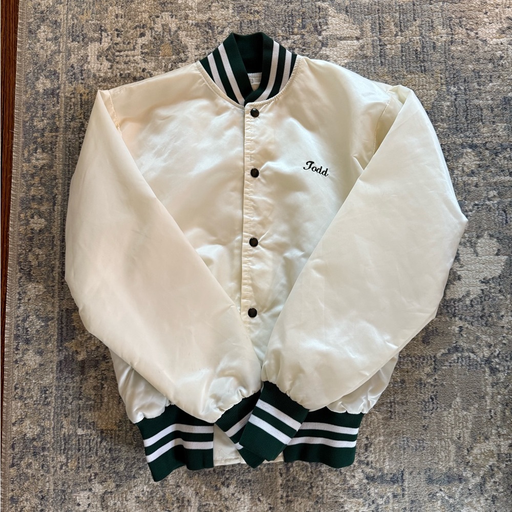 White Varsity Jacket with Green Accents